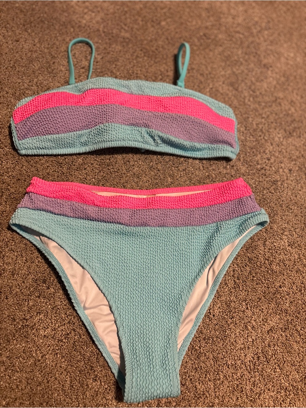 High-Rise Bandeau Bikini Set in Aqua with Pink & Lavender Stripes